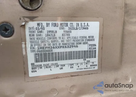 1993 Mercury Topaz Gs z USA, uszkodzony, nr VIN 1MEPM36XXPK632946